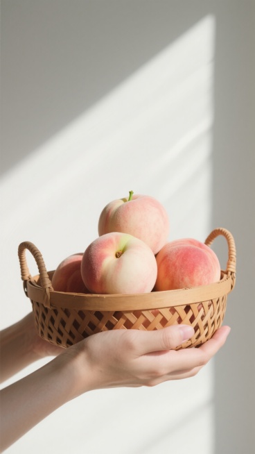 极简构图，一只纤细的手捧着浅棕色编织藤篮，盛满粉白渐变橙红的水蜜桃，果皮绒毛清晰可见，顶端浅黄绿色果蒂鲜活。背景是纯净的象牙白墙面，几缕金色阳光从右侧45度角斜射而入，在墙面投下藤篮的几何阴影，光影边界锐利分明，色调以蜜桃粉与象牙白为主导，点缀浅绿果蒂，整体画面干净通透，突出水果的自然肌理与光线的立体塑造。预览效果
