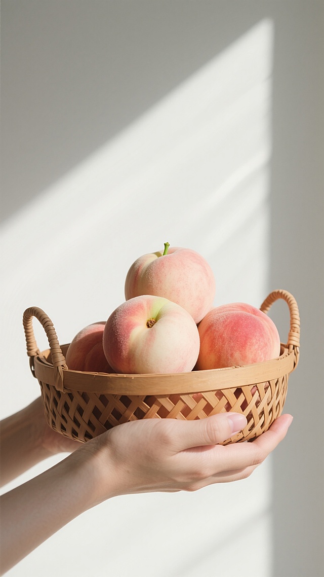 极简构图，一只纤细的手捧着浅棕色编织藤篮，盛满粉白渐变橙红的水蜜桃，果皮绒毛清晰可见，顶端浅黄绿色果蒂鲜活。背景是纯净的象牙白墙面，几缕金色阳光从右侧45度角斜射而入，在墙面投下藤篮的几何阴影，光影边界锐利分明，色调以蜜桃粉与象牙白为主导，点缀浅绿果蒂，整体画面干净通透，突出水果的自然肌理与光线的立体塑造。