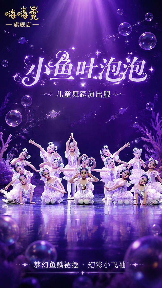 第1张 详情页头图-小鱼吐泡泡儿童舞蹈服舞台群舞氛围海报。本张使用【图7】作为商品主体群舞画面。
[氛围/风格] 梦幻紫调舞台风，童话海洋氛围感，高级儿童舞蹈演出服商业摄影质感，聚光灯下闪耀夺目。
[元素布局] 群舞小演员位于画面中下区域，占比约65%，保留原舞蹈造型队形；上方留大面积标题区，背景为深紫色渐变舞台幕布，点缀星光泡泡和海洋元素；左上角放置「唏嘻幂旗舰店」品牌LOGO；去除原图左上角「桃李新苗」水印和底部抖音号水印。舞蹈服为淡紫色鱼鳞亮片花苞裙，幻彩透明小飞袖，胸前褶皱花边，整体造型与原图一致。
[光影质感] 舞台顶光聚光照明，紫色氛围光打亮人物，裙摆亮片折射七彩光泽，地面有柔和倒影，整体梦幻闪耀。
[配色色系] 全局底色深紫渐变#2D0C5E到#6B2D9E；主色淡紫#E8D5F5；辅助色幻彩粉蓝光泽、白色星光；点缀色金色品牌LOGO。
[视角构图] 正面平视，群舞为视觉中心，阅读动线从上到下：顶部标题 → 中部群舞主体 → 底部品牌信息。
[文字版式] 版式为顶部大标题 + 中部群舞画面 + 左上角品牌LOGO。主标题「小鱼吐泡泡」，副标题「儿童舞蹈演出服」，字体优雅圆润带星光装饰，位于画面上方居中；左上角「唏嘻幂旗舰店」品牌LOGO，金色字体；底部小字「梦幻鱼鳞裙摆 · 幻彩小飞袖」；文字不遮挡舞蹈演员主体。
[比例分辨率] 9:16竖版比例，4K分辨率，文字清晰可辨，高清画质。
[负向提示词] 变形，水印，文字错乱，文字过小，缺件错件，结构错误，颜色偏差，桃李新苗水印，抖音号水印，产品图模糊，背景杂乱。
