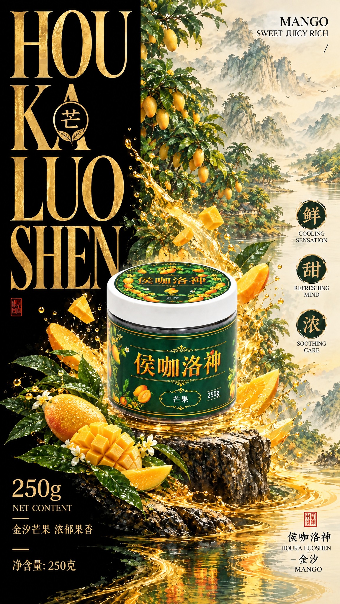 电商商品海报，9:16竖版，国风水墨高端风格，黑金金黄配色，芒… - 图片创意预览