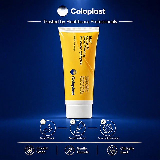 Brand trust and application guide main image. Professional medical product presentation on clean deep blue gradient background (brand color). Coloplast Triad Hydrophilic Wound Dressing tube centered as hero product, keep product appearance identical to input image. Above the product, the Coloplast brand logo area with text "Trusted by Healthcare Professionals". Below the product, three simple numbered step icons in circular frames: Step 1 "Clean Wound", Step 2 "Apply Thin Layer", Step 3 "Cover with Dressing". Bottom area has trust badges: "Hospital Grade", "Gentle Formula", "Clinically Used". Soft dramatic lighting from above highlighting the tube, premium medical product photography feel. Color palette: deep blue background (brand color), warm yellow product stands out, white text, clean gold accent lines. Product occupies about 50% of frame. 1:1 ratio, ultra high definition, professional and trustworthy medical brand style, all English text clear. Negative: deformed product, blurry text, Chinese characters, exaggerated medical claims, watermark
