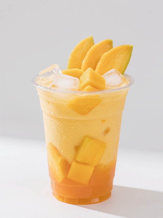 一杯装满清爽芒果饮品的透明塑料杯，杯壁上凝结着细密的水珠，杯中是渐变的橙黄色芒果冰沙，混合着大块新鲜芒果果肉和透明冰块，顶部铺满几片新鲜芒果切片，还有几颗晶莹的冰块点缀，整体呈现出明亮诱人的夏日氛围，白色背景干净简洁，突出饮品的色彩和质感。