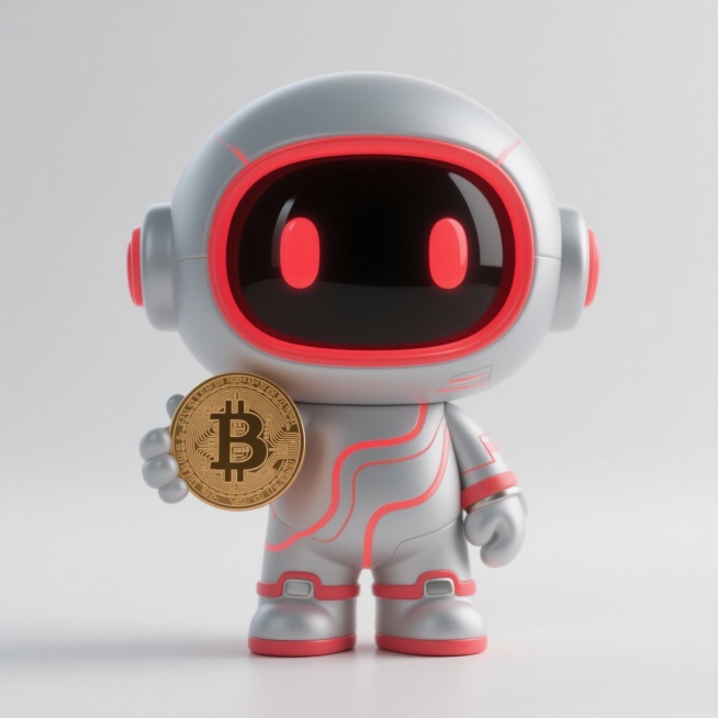 一个比特币IP形象，圆圆的脑袋，圆圆的身体，手里拿着比特币，身体圆润，头部较大，眼睛是发光的红色科技感设计，身上有流线型的红色科技纹路，穿着简洁的未来感服饰，整体充满科技感，颜色以浅灰和红色为主，整体预览效果