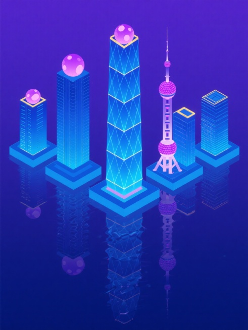 1. 特写镜头，6个规整排列的垂直构图，纯深蓝色背景上，上海中心大厦被解构为几何棱柱体堆叠，表面覆盖流动的霓虹蓝光线纹理，底部是镜面般的水纹倒影，整体呈现冷静的科技感。

2. 等距视角，6个2×3网格排布，纯紫色背景中，东方明珠电视塔被抽象为三个球体与流线型塔身的组合，球体内部填充渐变粉紫色光斑，底部倒影呈现扩散状波纹，营造梦幻氛围。

3. 俯视角度，6个圆形框架布局，纯靛蓝色背景，外滩建……预览效果