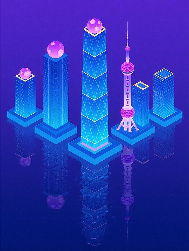 1. 特写镜头，6个规整排列的垂直构图，纯深蓝色背景上，上海中心大厦被解构为几何棱柱体堆叠，表面覆盖流动的霓虹蓝光线纹理，底部是镜面般的水纹倒影，整体呈现冷静的科技感。

2. 等距视角，6个2×3网格排布，纯紫色背景中，东方明珠电视塔被抽象为三个球体与流线型塔身的组合，球体内部填充渐变粉紫色光斑，底部倒影呈现扩散状波纹，营造梦幻氛围。

3. 俯视角度，6个圆形框架布局，纯靛蓝色背景，外滩建筑群被简化为高低错落的几何轮廓，建筑顶部点缀金色线条，水面倒影呈现对称的几何图形，展现秩序美感。

4. 侧视剖面，6个水平排列，纯天蓝色背景，上海环球金融中心以梯形结构呈现，表面切割出菱形镂空，内部透出渐变蓝紫色光线，底部倒影呈现拉长的几何形态，体现结构美学。

5. 轴测投影，6个六边形网格排布，纯深紫色背景，金茂大厦被解构为多个嵌套的八边形结构，每层边缘添加发光线条，倒影呈现阶梯状渐变，突出建筑韵律感。

6. 动态视角，6个对角排列，纯蓝紫色渐变背景，陆家嘴建筑群以流动的曲线连接，建筑轮廓线呈现波浪状起伏，倒影与主体形成镜像流动效果，展现城市动感。