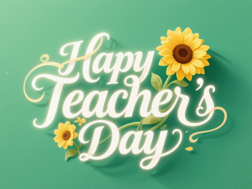 绿色背景，白色英文字‘Happy Teacher's Day’，笔画融合向日葵装饰元素，艺术感预览效果