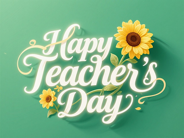 绿色背景，白色英文字‘Happy Teacher's Day’，笔画融合向日葵装饰元素，艺术感