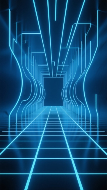 深邃幽暗的深蓝色背景，充满未来科技感的抽象空间，由无数垂直和水平交错的蓝色发光线条构成，地面呈现网格状发光图案，线条从底部向上延伸，汇聚于中央偏上区域，形成强烈的透视感和纵深感，光线明亮且带有柔和的光晕效果，整体营造出神秘、冷峻而又充满科技氛围的赛博朋克风格场景，发光线条的造型变换为更具动态感的几何交错形态，部分线条呈现出弯曲或波浪状的流动感，增强空间的灵动性和科技视觉冲击力。预览效果