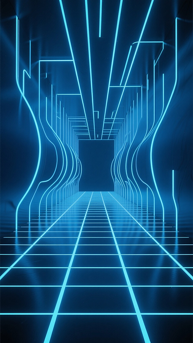 深邃幽暗的深蓝色背景，充满未来科技感的抽象空间，由无数垂直和水平交错的蓝色发光线条构成，地面呈现网格状发光图案，线条从底部向上延伸，汇聚于中央偏上区域，形成强烈的透视感和纵深感，光线明亮且带有柔和的光晕效果，整体营造出神秘、冷峻而又充满科技氛围的赛博朋克风格场景，发光线条的造型变换为更具动态感的几何交错形态，部分线条呈现出弯曲或波浪状的流动感，增强空间的灵动性和科技视觉冲击力。