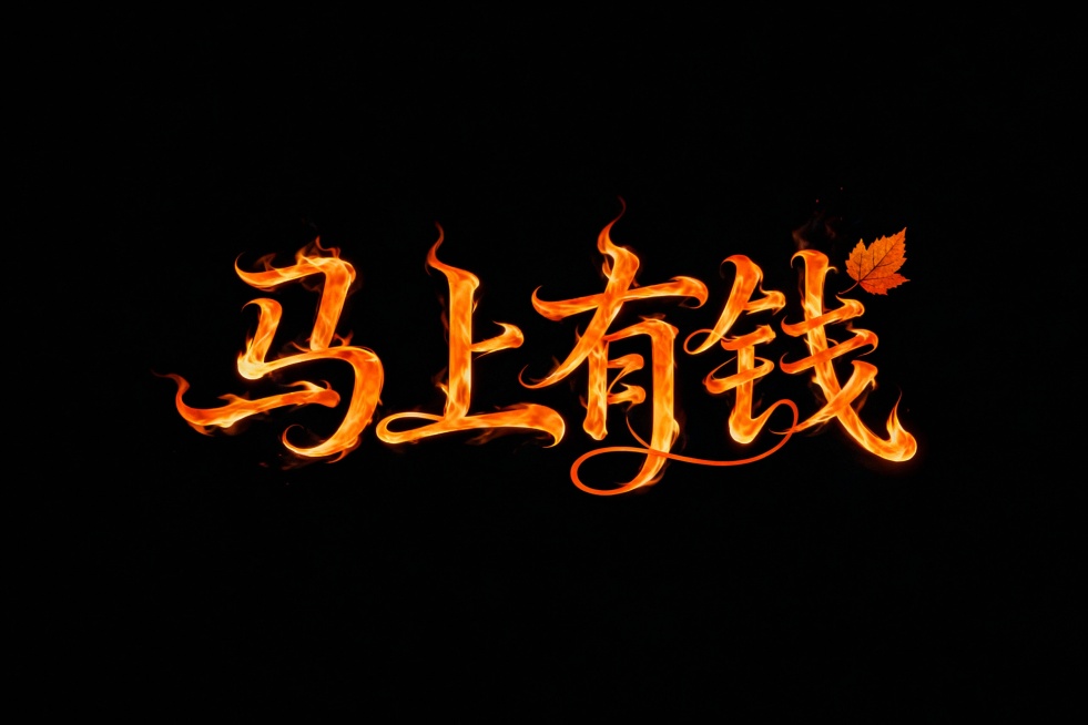 用跃动火焰组成的大字“马上有钱”，字体风格为优雅花体，火焰沿着花体笔画蜿蜒舞动，颜色为橙色，背景为黑色，以衬托火焰的明亮与跃动感，突出秋叶字效设计的独特魅力。预览效果