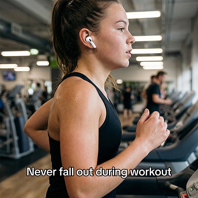 [Main Image 9] Real user experience style shot for TikTok: show the white wireless earbuds being worn in a young person's ear during gym workout. Person is jogging on running treadmill, focus is on the earbuds. Keep earbuds appearance exactly as original. Text overlay "Never fall out during workout" at bottom. UGC authentic style, natural gym lighting, 1:1 square composition. 2K resolution.