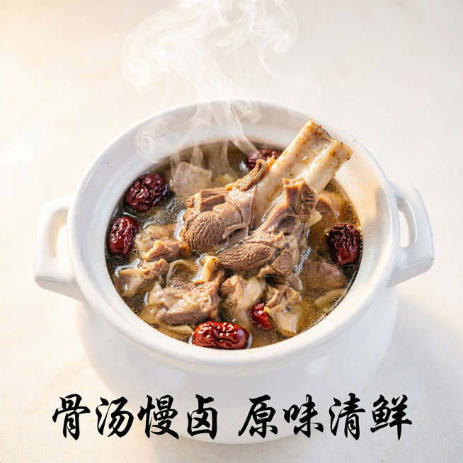 电商淘宝主图，展示炖锅中慢卤的羊后腿肉，肉质酥嫩脱骨，汤汁浓郁，自带枣香，配文案'骨汤慢卤 原味清鲜'，1:1比例，美食实景，诱人食欲，暖色调，突出肉质酥嫩质感预览效果