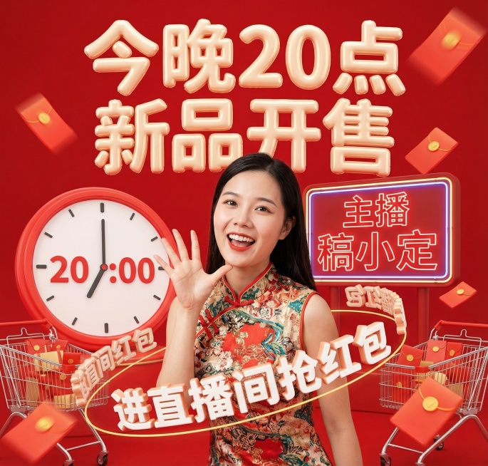 画面中心是半身模特身穿裙子对着镜头开心打招呼，3D充气膨胀文字“今晚20点 新品开售”位于画面上方，3D文字“进直播间抢红包”悬浮环绕在人像周围，背景以红色为主色调，搭配时钟、购物车、红包、“主播 稿预览效果