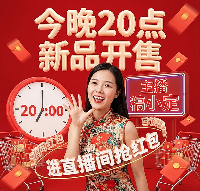 画面中心是半身模特身穿裙子对着镜头开心打招呼，3D充气膨胀文字“今晚20点 新品开售”位于画面上方，3D文字“进直播间抢红包”悬浮环绕在人像周围，背景以红色为主色调，搭配时钟、购物车、红包、“主播 稿小定”灯牌元素，轻微俯拍，体现促销氛围。「图片1」