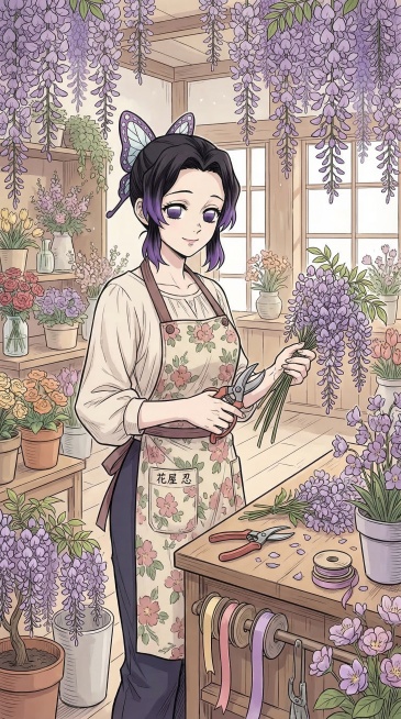 保持原图二次元漫画线稿上色风格，绘制花店服务员蝴蝶忍，保留花店主题，搭配不一样的服装，设计和参考图不同的人物动作，身边带有紫藤花预览效果