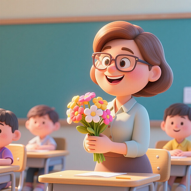 插画风教师节场景，拟人化花朵传递清新感与卡通温馨氛围。