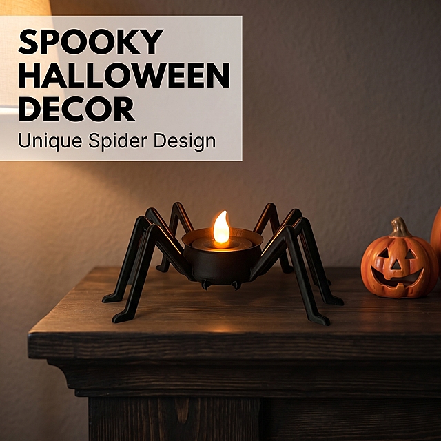 [Main Image 2] Halloween atmosphere scene display of spider candle holder with lit candle.  
[Atmosphere Style] Spooky festive Halloween atmosphere, warm ambient home decor setting.  
[Quality] Commercial lifestyle photography, soft natural lighting, sharp product details, 4k resolution.  
[Elements] Spider candle holder with lit tealight candle placed on dark wooden mantelpiece, small jack-o'-lantern decor on side, plain dark wall background. Product centered, warm candle flame visible, creates soft orange glow on spider legs. Keep product structure and color 100% consistent with references.  
[Lighting] Main light from candle flame, warm orange glow, soft ambient fill light from surrounding room, creates depth and spooky atmosphere, no harsh shadows.  
[Color Matching] Main colors: matte black (product), warm orange (flame glow), dark brown (wood mantel), low saturation overall for moody holiday feel.  
[Perspective Composition] Slightly low eye-level perspective, medium shot capturing product and surrounding decor, shallow depth of field to focus on product.  
[Text Layout] Top left negative space, large bold text "SPOOKY HALLOWEEN DECOR", smaller text below "Unique Spider Design", black text on light semi-transparent overlay for readability, no product occlusion.  
[Proportional Resolution] 1:1 ratio, 2048x2048px resolution.  
[Negative Prompt] Deformation, text distortion, extra watermarks, cluttered background, overexposed flame, inaccurate product shape.