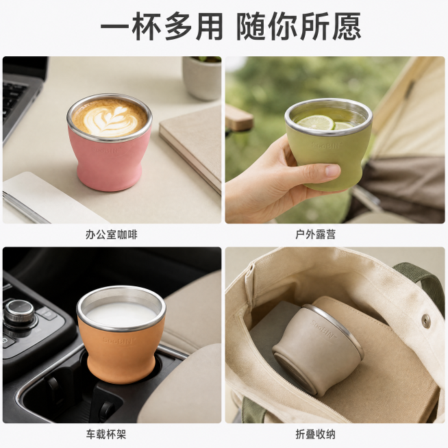 [主图-4] 多场景使用展示。[氛围风格] 苹果极简 × MUJI无印 × Patagonia环保风，简约自然高级。[画质] 商业摄影质感、光线柔和通透、产品清晰真实、画面干净高级。[元素] 四格宫格预览效果