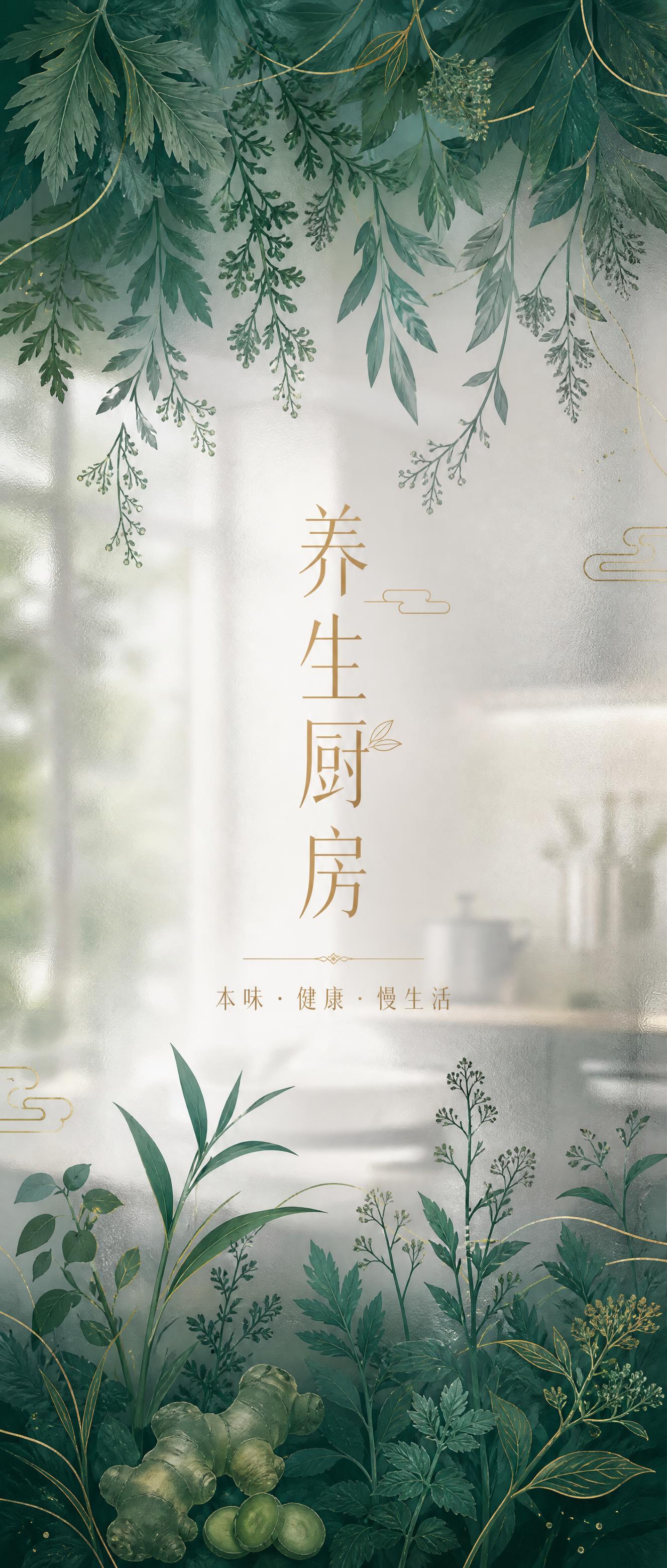 厨房磨砂玻璃贴设计，竖版超长幅80x187cm比例（约2:4.… - 图片创意预览
