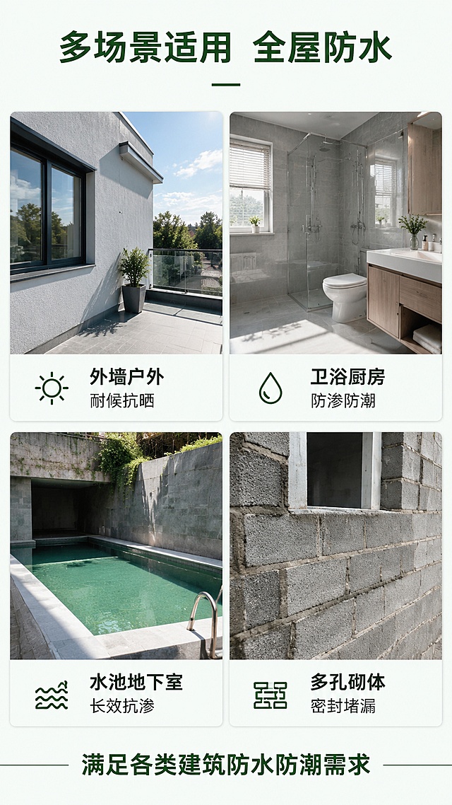 [第4屏] 场景展示页-(高柔韧型)HB聚合物水泥防水涂料适用场景展示。本屏不使用产品包装图，为场景拼图展示。
[氛围/风格] 真实家居场景拼接，温馨安心，贴近生活。
[元素布局] 顶部主标题，中部四宫格拼图展示四个典型防水场景，每个场景配文字说明，底部总结全场景适用性，每个场景图片大小均匀，留白适中。
[光影质感] 每个场景采用自然光照明，整体通透自然，色彩还原真实。
[配色色系] 全局底色 #F0F5F0，每个场景边框用浅灰色分隔，标题用深绿色，文字用深灰色。
[视角构图] 从上到下，先标题后四宫格再总结，竖版符合移动端阅读顺序。
[文字版式] 顶部主标题「多场景适用 全屋防水」，四宫格从上到下从左到右：第一格「外墙户外」标注耐候抗晒，第二格「卫浴厨房」标注防渗防潮，第三格「水池地下室」标注长效抗渗，第四格「多孔砌体」标注密封堵漏，底部总结「满足各类建筑防水防潮需求」，文字清晰不遮挡场景主体。
[比例分辨率] 9:16 竖版比例，4K 分辨率，文字清晰可辨，高清画质。
[负向提示词] 场景变形，文字错乱，文字过小，配色杂乱，虚假宣传。