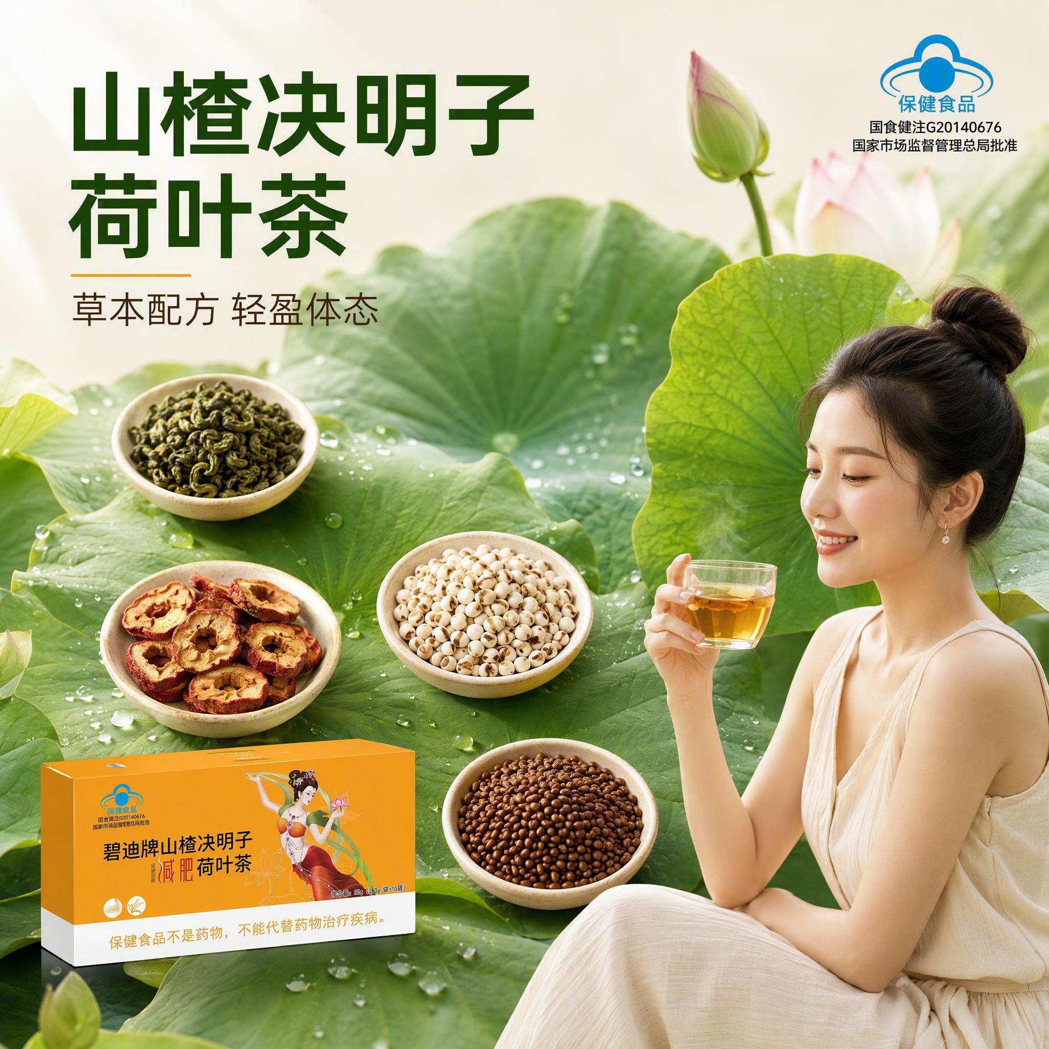 山楂决明子荷叶茶主图首图，突出产品与成分原料展示，营造清新自然… - 图片创意预览