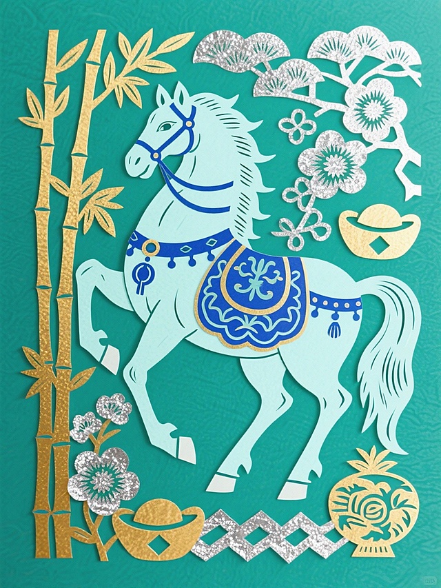 主体是浅青骏马（装饰宝蓝纹样、盘扣配饰，点缀银箔质感），周围环绕金竹、海棠、元宝、年画等吉祥元素，背景为湖绿色纹理，配色浓烈鲜艳（浅青、宝蓝、湖绿、银等），风格喜庆华贵、充满传统吉祥寓意