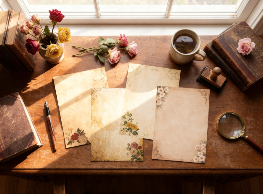 为图片中叠放的四张复古信纸添加自然柔和的阴影，保持场景、物品、信纸图案颜色纹理全部不变，只增加自然真实的叠放阴影效果，符合窗外自然光的光影方向，保持写实治愈系生活摄影风格，高清预览效果