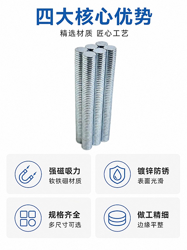 [商品] 使用【图2】镀锌银色圆形磁铁柱形堆叠；保留圆形薄片形态、银色镀锌表面、金属质感和真实比例；不过度美化，保持产品真实感。
[画面] 页面目标：核心卖点总览，4大核心卖点图标化呈现；构图：上方产品主图，下方4个卖点卡2×2排列；产品位于画面上方居中，占画面约40%；景别：中景；阅读动线：顶部标题→中部产品→底部四宫格卖点；背景：纯白底。
[视觉] 套系策略：风格=白底工业风简洁商业摄影；标题字=粗黑体；正文字=常规黑体；主色=纯白底；背景延展=纯白到浅灰渐变，干净简洁；强调色=工业蓝(#1E6FB8)，仅用于小面积图标、引线和标签；标题色=工业蓝(#1E6FB8)；正文色=深灰(#333333)；组件=蓝色细线图标、圆角浅灰信息卡；光影=顶部均匀柔光。
[文字] 顶部主标题「四大核心优势」（蓝色粗体），副标题「精选材质 匠心工艺」；下方四宫格：①强磁吸力 钕铁硼材质 ②镀锌防锈 表面光滑 ③规格齐全 多尺寸可选 ④做工精细 边缘平整；每个卖点配蓝色简约图标，文字横排。
[规格] 图片比例3:4竖版，分辨率4K，quality=medium；避免变形、错字、文字过小、过度美化、非白底、非蓝色标题。