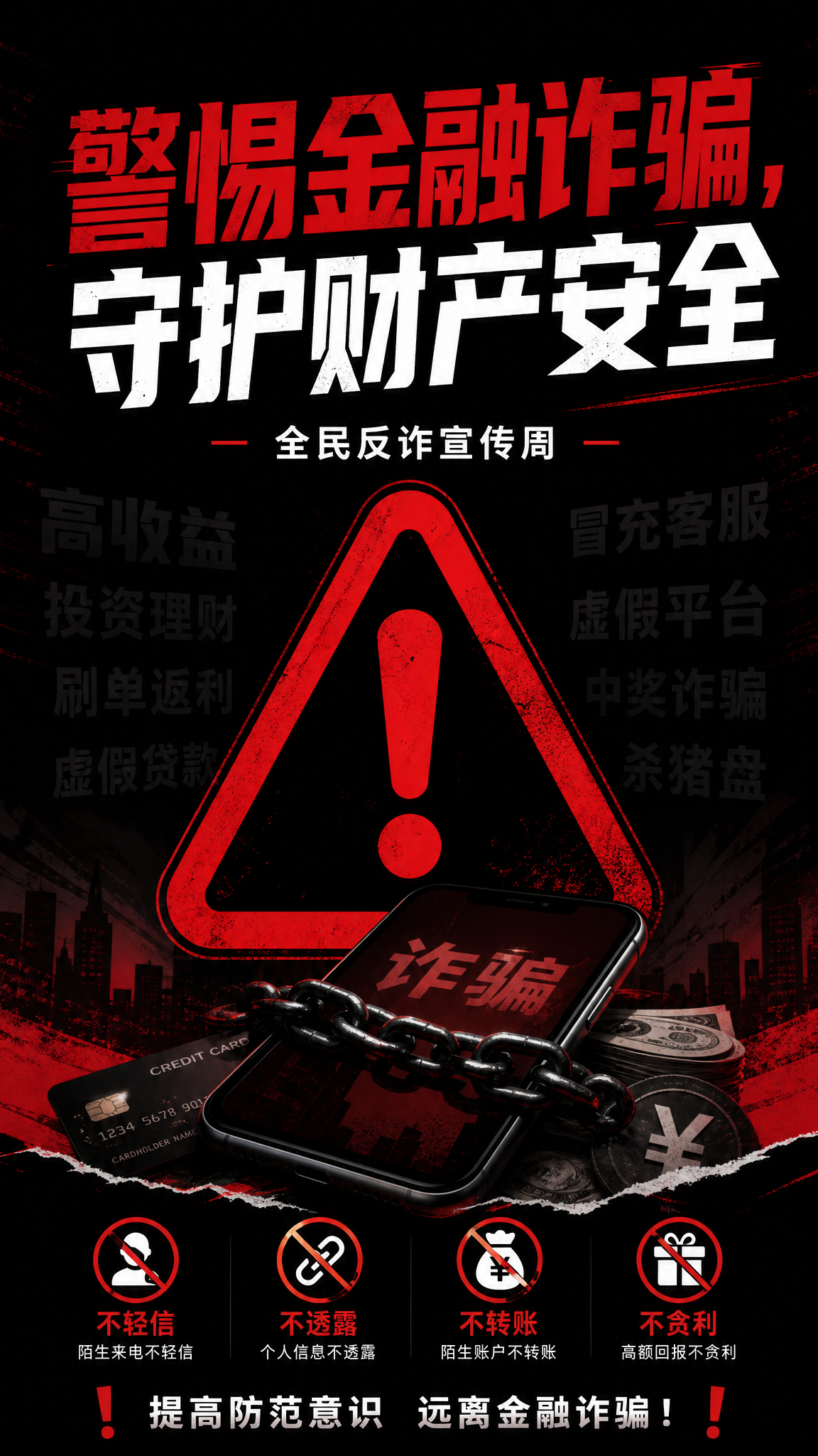 设计一张反金融诈骗宣传周海报，整体风格严肃警示，海报中带有警示… - 图片创意预览