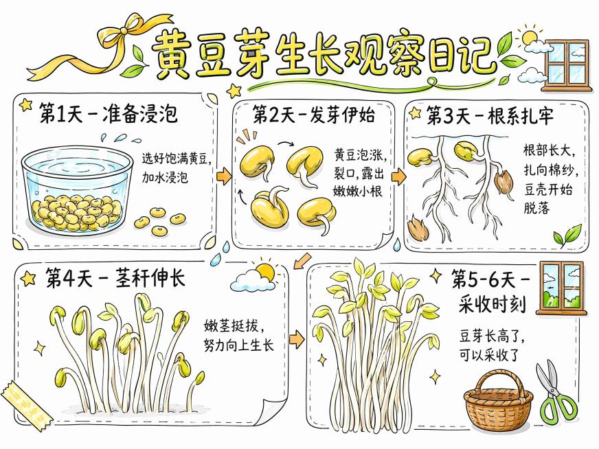 马克笔手绘风格，白底，黄豆芽生长观察日记手抄报，参考图片版式骨架分五个区域展示生长过程：顶栏主标题写"黄豆芽生长观察日记"，左上角第一个区域写"第1天 - 准备浸泡"，配文字"选好饱满黄豆，加水浸泡"预览效果