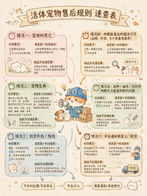 内容：“买家签收时死亡
时效要求：买家需在签收后 24 小时内反馈问题
商家第一时间操作：立即索要宠物死亡照片 / 视频，核对物流签收时间
拖延不处理后果：买家在时效内、证据清晰完整，平台介入后大概率预览效果