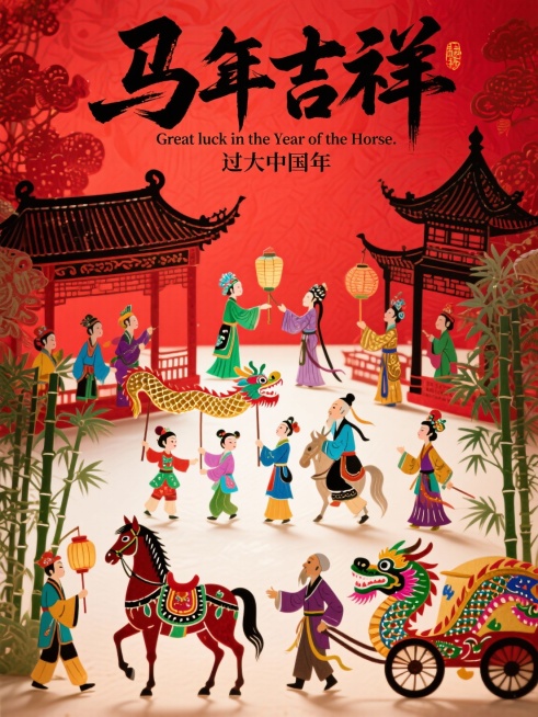 以大红色为底色（契合中国年氛围），元素密集且色彩浓郁，传递 “过大中国年” 的热闹感。 核心元素： * 文字：顶部巨型艺术字 “马年吉祥”（字体融入人物装饰），下方英文 “Great luck in预览效果