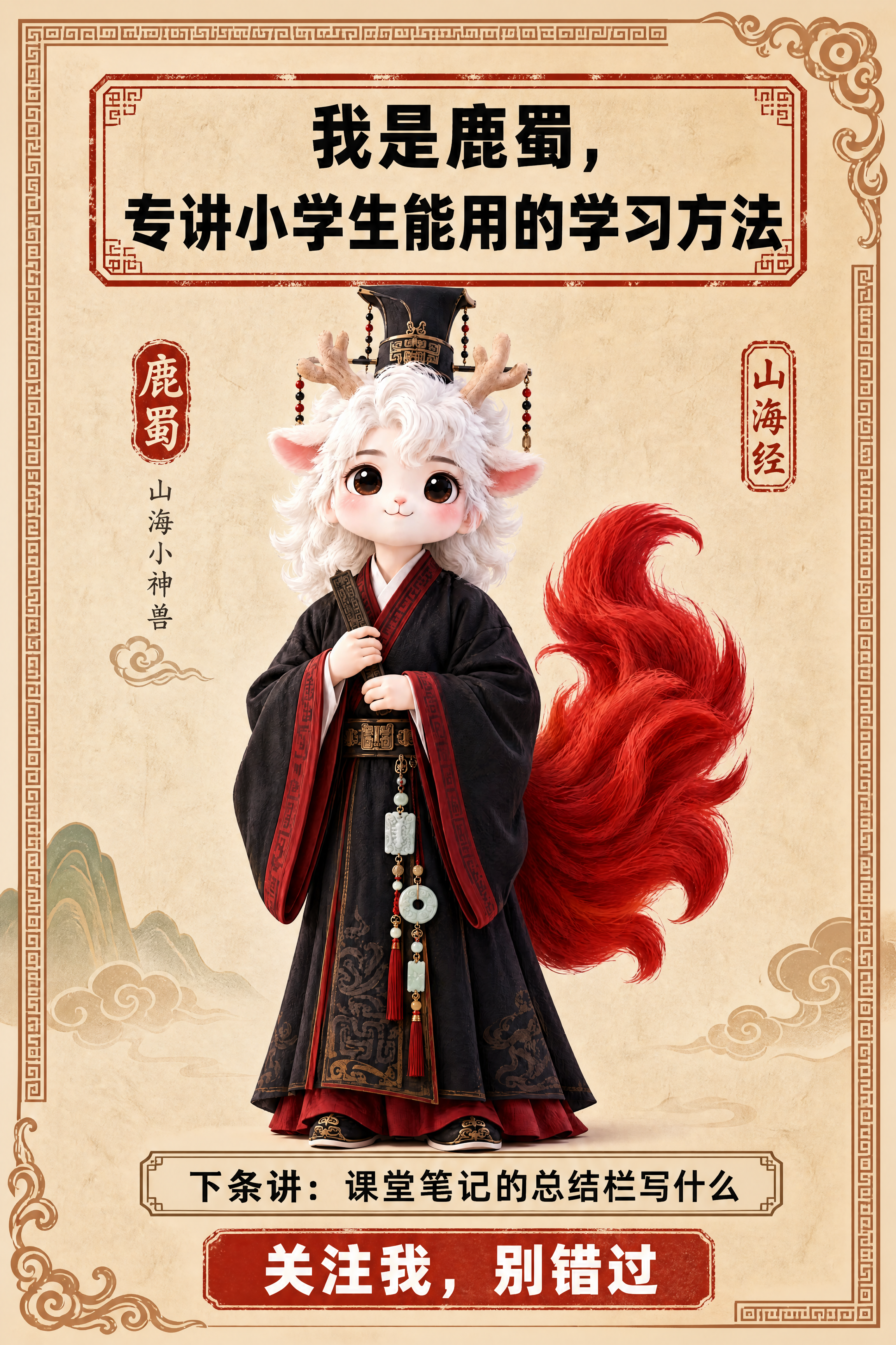 小红书笔记结尾页，统一模板，国风山海经风格，米黄色宣纸纹理背景… - 图片创意预览