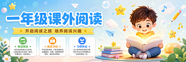 横版超宽幅课外阅读海报，童趣卡通风，一年级主题。画面左侧为大标题区域，主标题"一年级课外阅读"用超大粗体字，天蓝色渐变填充带白色描边，副标题"开启阅读之旅 培养阅读兴趣"用明黄色小字号标签承载。画面右侧为抽象阅读主视觉：一个可爱的Q版卡通儿童坐在地上，双手捧着一本打开的书（不展示书籍封皮和具体文字内容，只用抽象书页图形和光线表现），周围漂浮着星星、纸飞机、云朵、铅笔、音符等童趣装饰元素。背景为浅蓝到米白的渐变底色，点缀柔和光斑和气泡。画面中部偏下有三个圆角白色小卡片，分别写着"每日阅读""精选书目""习惯养成"。整体风格明亮活泼、温馨治愈，版式精美，左右分栏布局，安全边距充足，所有文字清晰可读。画面中所有信息区域必须填充完整合理的内容，不得出现空白框或待填写区域。严禁展示任何书籍的封皮、封面或书名信息。画面中不得出现二维码、二维码占位符或任何扫码相关元素。