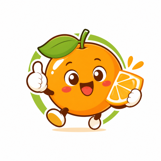 参照"三只松鼠"的卡通品牌logo风格，设计橘子主题logo，保留可爱拟人化卡通设计风格，突出橘子核心元素，整体造型活泼有亲和力，适合食品品牌使用，保留之前的卡通风格定位预览效果