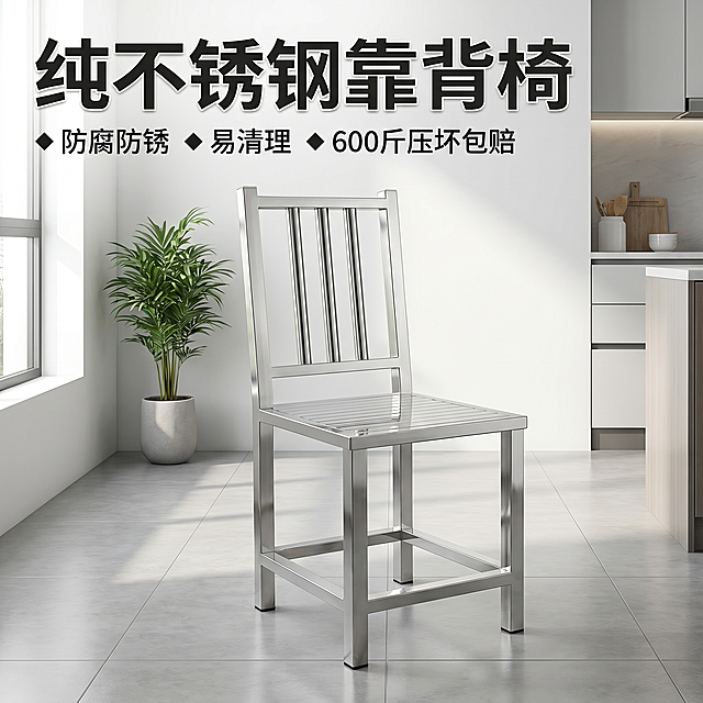 [主图-1] 纯不锈钢靠背椅家居场景首图
[氛围风格] 简约干净的现代厨房餐厅氛围，拼多多直白性价比风格
[画质] 商业摄影质感、光线柔和通透、产品清晰真实、画面干净高级
[元素] 将原图背景替换为干净整洁的现代厨房环境，纯不锈钢靠背椅居中放置，保持靠背椅原有外观（物理结构、材质质感、银色颜色）与输入产品图绝对一致，杜绝任何变形和色差，精细化处理。商品主体占比严格控制在65%左右，画面满屏无边框。浅灰色地砖和白色墙面，旁边点缀简约绿植装饰，整体干净清爽
[光影] 主光从左侧窗口进入，柔和均匀照亮整个椅子，不锈钢表面呈现自然金属光泽，背景有轻微自然阴影，整体通透不灰蒙
[配色] 主色调为不锈钢本身的亮银色，辅助色为白色和浅灰色，整体干净清爽
[视角构图] 正面平视视角，产品完整不裁切，前景中景背景层次分明
[文字版式] 左上角负空间左对齐留安全边距，大字文案写"纯不锈钢靠背椅"，加粗最大号白色无衬线字体带深色轻投影，对比强烈清晰可读。下方排列四个卖点短句，每个卖点前置菱形符号：◆ 防腐防锈 ◆ 易清理 ◆ 600斤压坏包赔，字体缩小，保持清晰可读性
[比例分辨率] 1:1 比例，2k分辨率，文字清晰锐利，画面超高清
[负向提示词] 变形，水印，文字错乱，产品图模糊，背景杂乱，牛皮癣，配色刺眼，遮挡主体