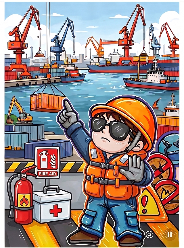 替换图1下半部分杂乱背景，参考图2下半部分的风格，添加灭火器、急救箱、安全警示标识，保持上半部分港口场景和整体漫画风格不变，自然衔接