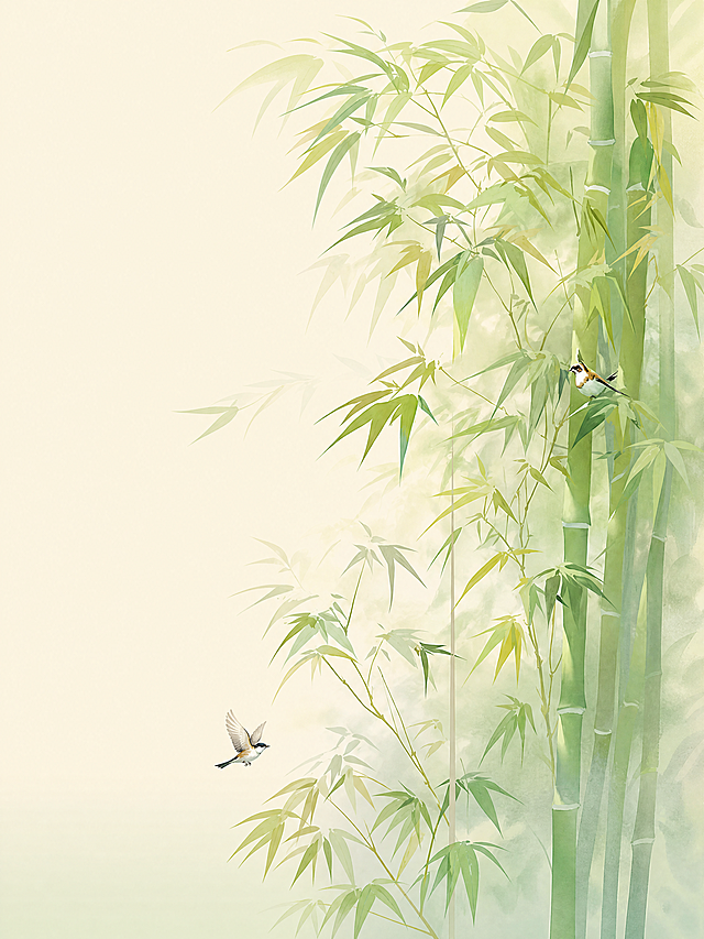 提取参考图中的门帘图案，完整还原竹林小鸟门帘设计：米白偏浅绿的渐变背景，右侧有几竿翠绿的竹子，竹叶繁茂轻盈，两只小鸟停在竹枝上和飞在空中，光影柔和，整体为清新雅致的国风水彩风格。要求：1. 高清印刷级画质，细节清晰锐利；2. 去除中间的竖缝/竖痕，图案完整连续无拼接痕迹；3. 背景底色均匀平整，去除所有波浪纹理、凹凸纹理和布纹，底色渐变过渡自然均匀；4. 边缘整齐平整，没有褶皱和透视变形；5. 填充完整底色，图案四周底色均匀饱满；6. 正视图，平面化，无透视，无光影，适合印刷使用