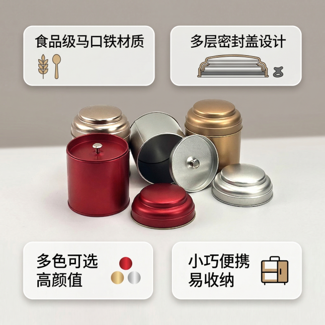 金属茶叶罐核心卖点信息图，产品居中，四个带图标的悬浮卖点围绕：1.食品级马口铁材质 2.多层密封盖设计 3.多色可选高颜值 4.小巧便携易收纳，每个卖点配对应简约图标，浅暖灰色背景，文字清晰不遮挡产品预览效果