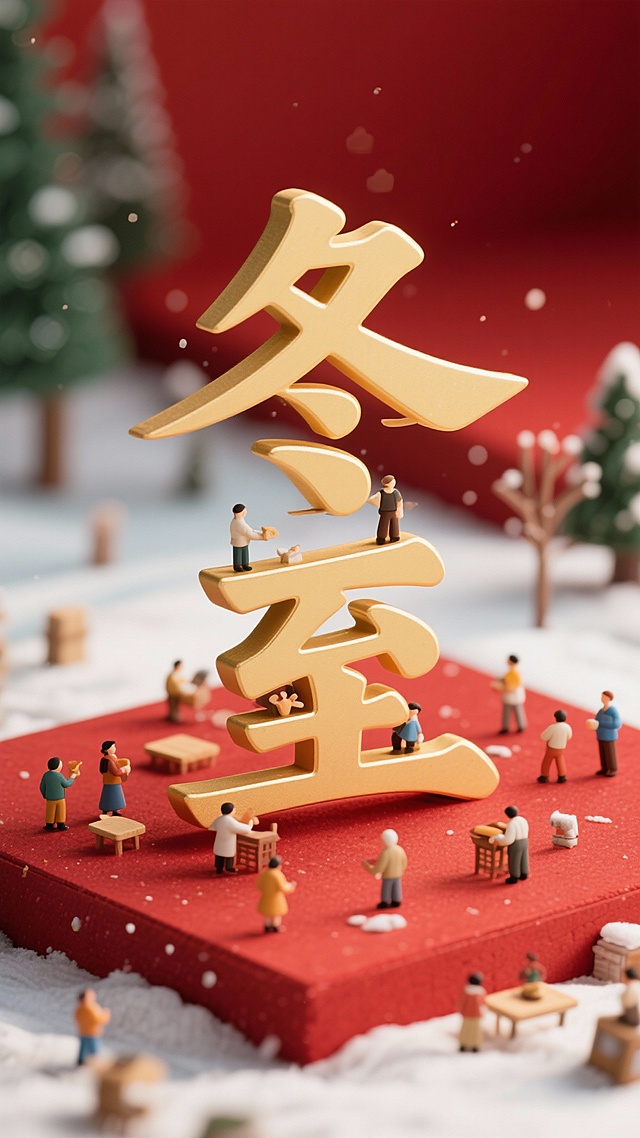 3D微缩艺术风格，鎏金浮雕“冬至”字样立于红毯之上，人物围坐暖炉，雪景环绕，喜庆温馨中透出趣味感，传递冬至节日温情。