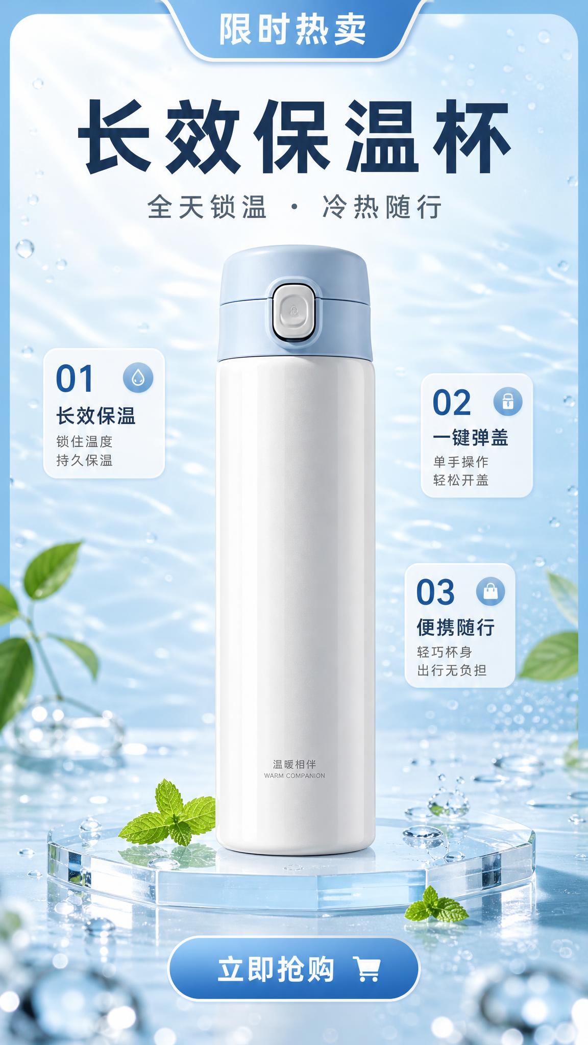 电商水杯促销海报，写实商业摄影风格，清新简约，通透水感，竖版构… - 图片创意预览