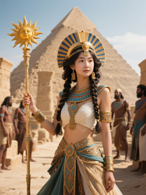 远古的埃及金字塔神殿，女生是太阳神，编着异域发型，衣着华丽，手拿太阳权杖，身后有族人。高清人像摄影，虚实结合，画面氛围渲染预览效果