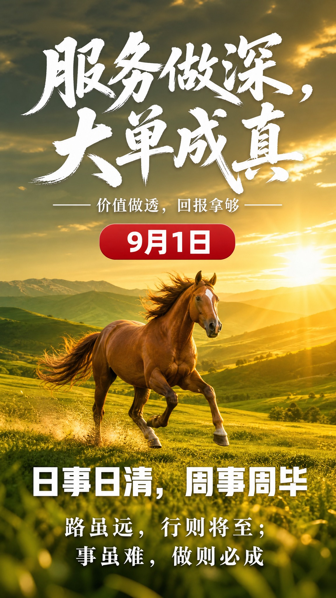 竖版9:16励志海报，底图场景：金色阳光洒在广阔的绿色草原上，… - 图片创意预览