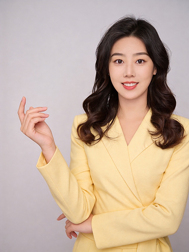 参考图中保留人物脸型、发型、年龄等特征生成职场形象照，保持人物不变，更换为鹅黄色精纺羊毛混纺西装外套，西裤同色，更换全新不同手势和姿势，调整手指位置，保留耳环，简约微微暖调浅灰色纯色背景，画质超高分辨率、细节清晰，现代精致感风格；肤质精细化处理；眼神直视镜头，目光坚定且澄澈，表情自然，嘴角上扬；肤色均匀，柔光美白细腻陶瓷肌肤，哑光肤质，肤色均匀提亮；杰作，最佳画质，超高细节，写实摄影，中近景人像，皮肤细腻通透，白皙清透皮肤，柔光，正面补光，画面干净清新，高清皮肤细节；面部光比1:1.5，4800K中性光，微微修饰脸型，肤质哑光细腻，面部雾面柔光，轻透裸肌感，真实毛孔纹理；分辨率4K，严格保留原人物特征