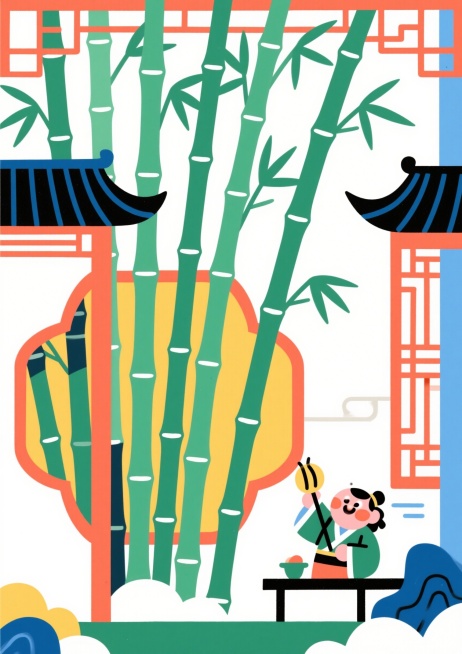 以竹子为主题的新中式配色扁平风插画，简约干净的线条和色块，中国风传统竹子主题预览效果