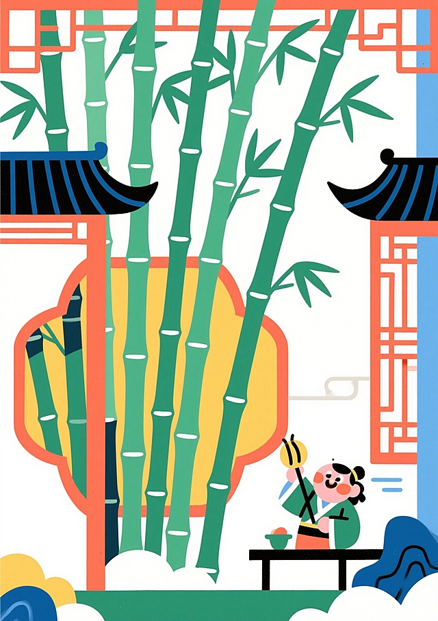 以竹子为主题的新中式配色扁平风插画，简约干净的线条和色块，中国风传统竹子主题