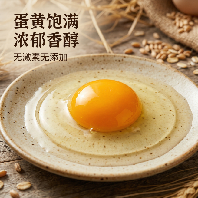 [主图主题] 农家谷物鸡蛋细节特写
[氛围风格] 自然暖光，微距细节，突出质感
[画面元素] 微距特写敲开鸡蛋的蛋黄，展示蛋黄金黄饱满、透亮浓稠的质感，蛋白清澈，鸡蛋放置在质朴粗陶盘中，背景虚化模糊的预览效果