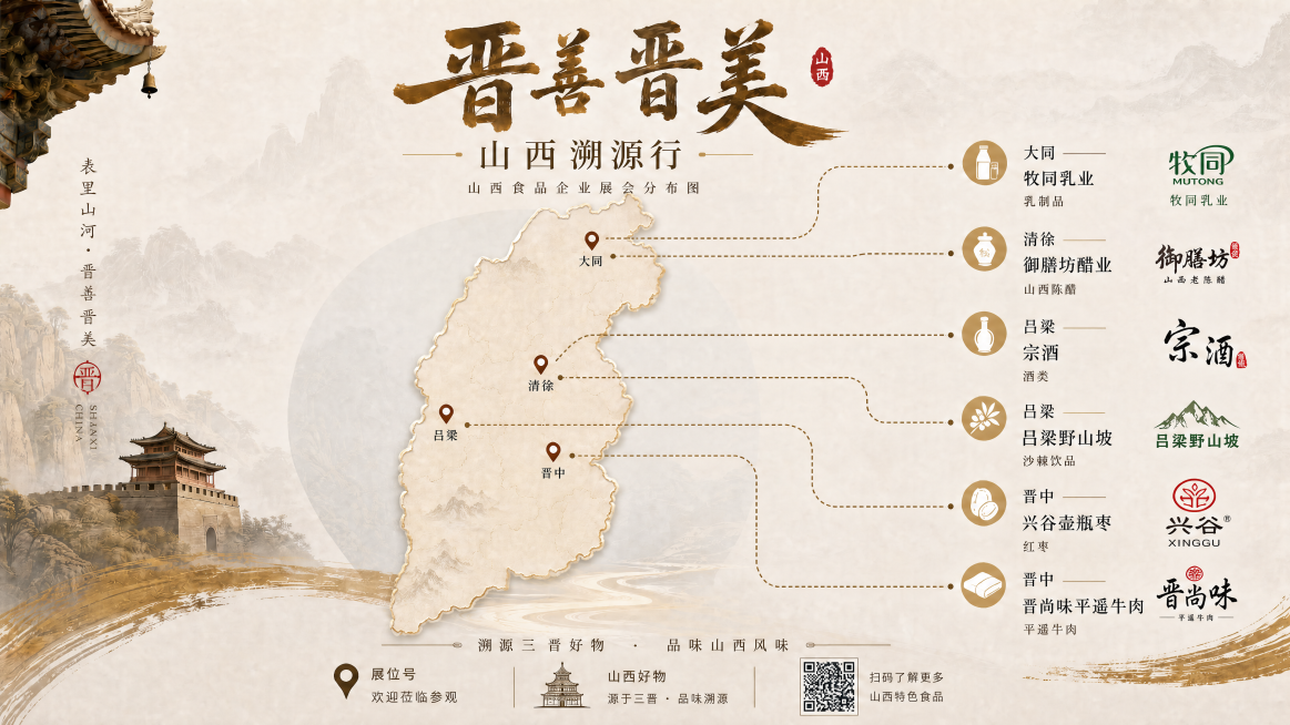 在当前海报基础上，将右侧每个企业信息区块中的产品实物图（牛奶瓶、醋瓶、酒瓶、沙棘果、红枣、牛肉）全部替换为对应企业的官方logo：大同→牧同乳业logo、清徐→御膳坊logo、吕梁→宗酒logo、吕梁预览效果