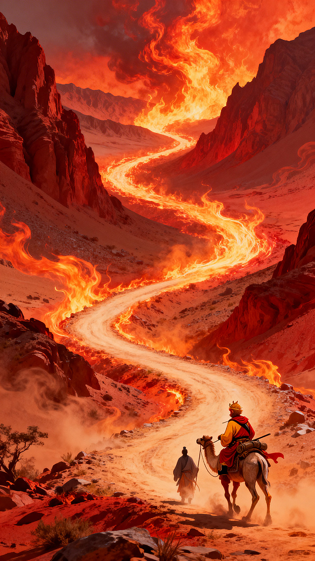 西游记国风，火焰山背景，蜿蜒的取经道路，燥热风格，红色橙色调，弥漫热浪，灼热感强烈，充满荒蛮燥热的西域气氛，竖版构图