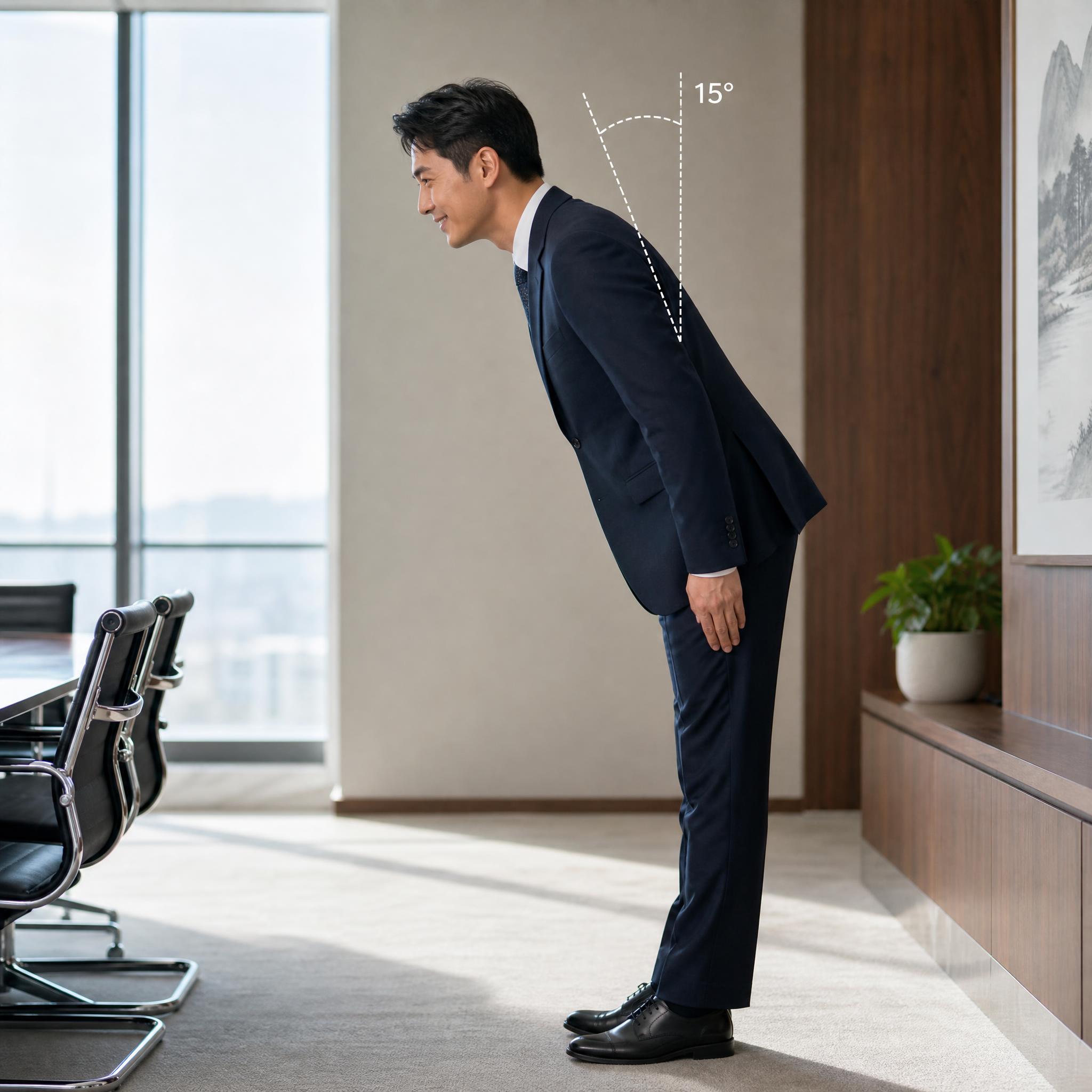 展示欠身礼规范动作：一位商务人士上身微微前倾约15度，目光注视… - 图片创意预览